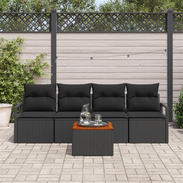 Grote foto vidaxl 5 delige tuinbankenset met kussens poly rattan acacia zwart tuin en terras tuinmeubelen