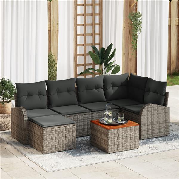 Grote foto vidaxl 7 delige tuinbankenset met kussens poly rattan acacia grijs tuin en terras tuinmeubelen