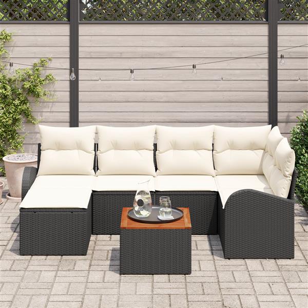 Grote foto vidaxl 7 delige tuinbankenset met kussens poly rattan acacia zwart tuin en terras tuinmeubelen