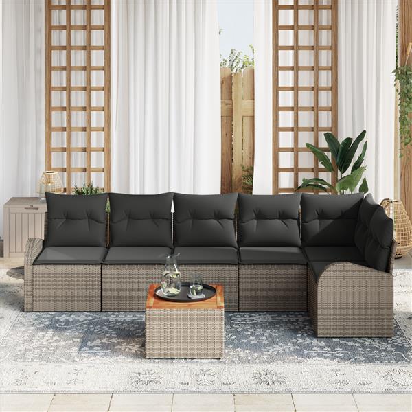Grote foto vidaxl 7 delige tuinbankenset met kussens poly rattan acacia grijs tuin en terras tuinmeubelen
