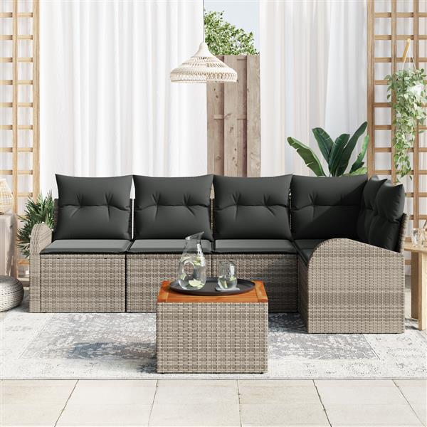 Grote foto vidaxl 6 delige tuinbankset met kussens grijs poly rattan en acacia tuin en terras tuinmeubelen