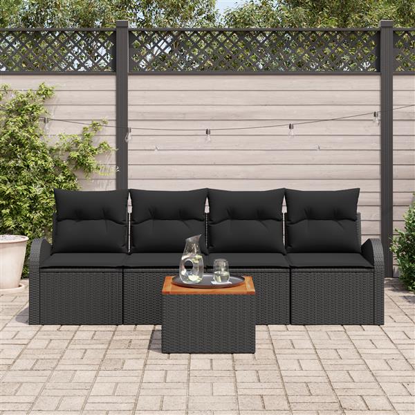 Grote foto vidaxl 5 delige tuinset met kussens zwart poly rattan acacia tuin en terras tuinmeubelen