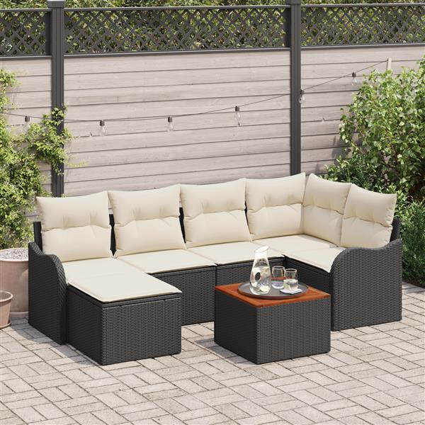 Grote foto vidaxl 7 delige tuinbankenset met kussens poly rattan acacia zwart tuin en terras tuinmeubelen