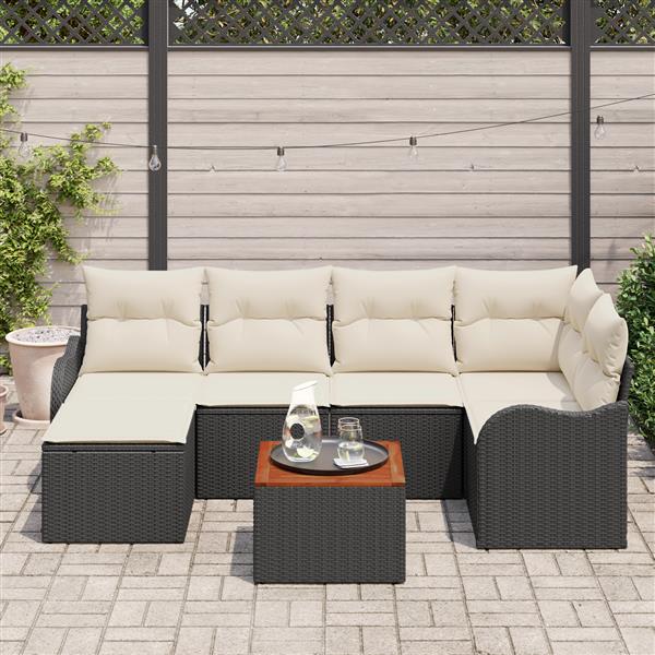 Grote foto vidaxl 7 delige tuinbankenset met kussens poly rattan acacia zwart tuin en terras tuinmeubelen
