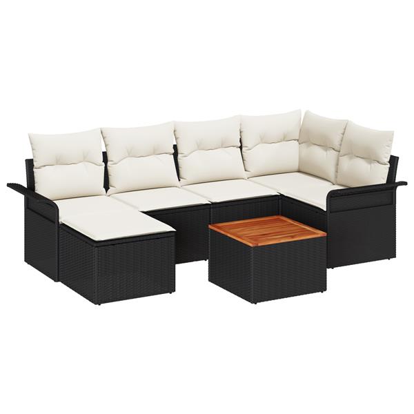 Grote foto vidaxl 7 delige tuinbankenset met kussens poly rattan acacia zwart tuin en terras tuinmeubelen