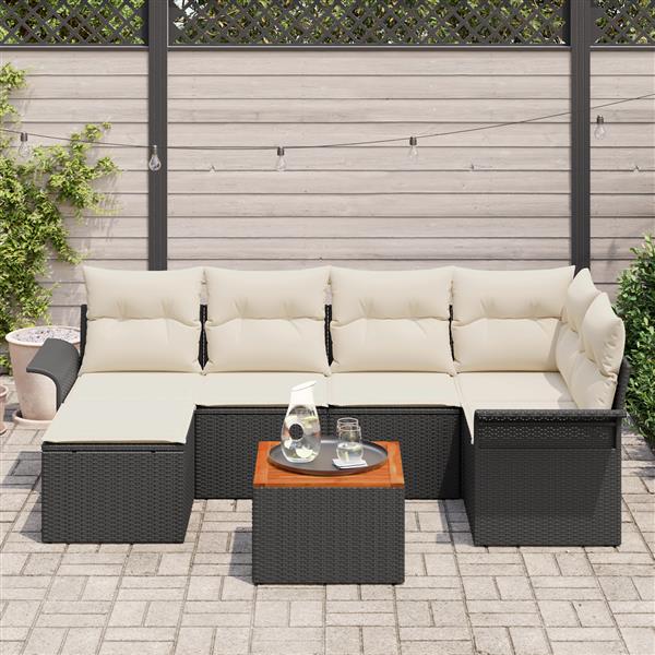 Grote foto vidaxl 7 delige tuinbankenset met kussens poly rattan acacia zwart tuin en terras tuinmeubelen