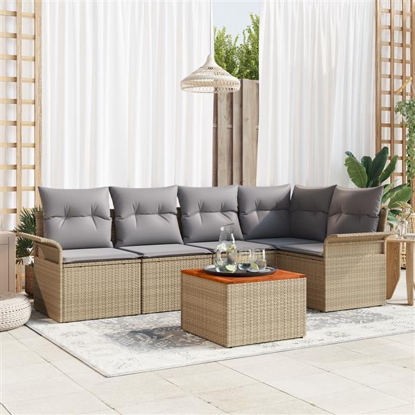 Grote foto vidaxl 6 delige tuinsofa set met beige kussens van poly rattan en acacia tuin en terras tuinmeubelen