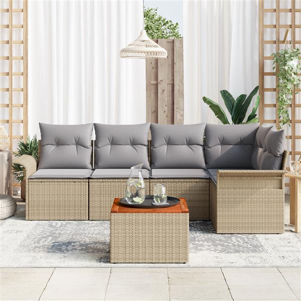 Grote foto vidaxl 6 delige tuinsofa set met beige kussens van poly rattan en acacia tuin en terras tuinmeubelen