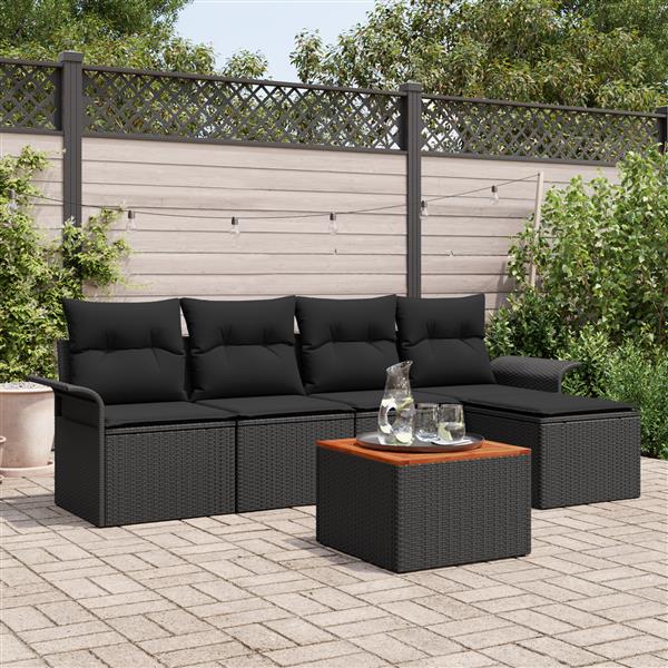 Grote foto vidaxl 6 delige tuinbankenset met kussens poly rattan acacia zwart tuin en terras tuinmeubelen