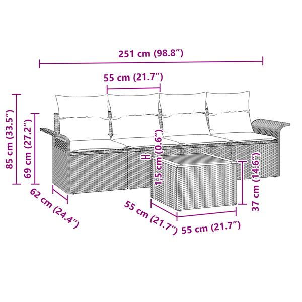 Grote foto vidaxl 5 delige tuinset met kussens in beige poly rattan en acacia tuin en terras tuinmeubelen