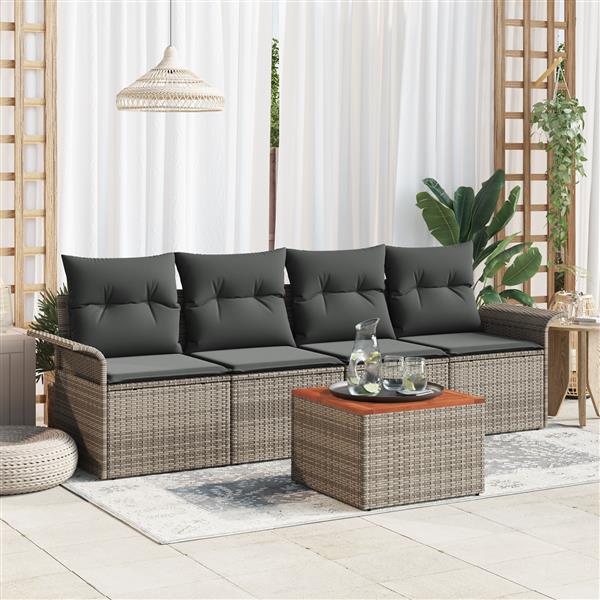 Grote foto vidaxl 5 delige tuinsofa set met kussens in grijs van poly rattan en acaciahout tuin en terras tuinmeubelen