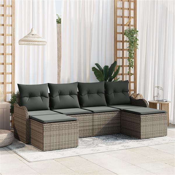Grote foto vidaxl 6 delige tuinbankset met kussens grijs poly rattan tuin en terras tuinmeubelen