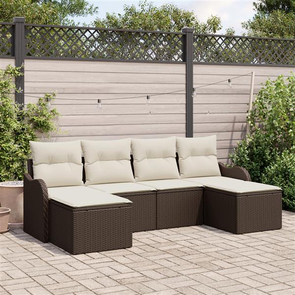 Grote foto vidaxl 6 delige tuinbankset met kussens bruin poly riet tuin en terras tuinmeubelen