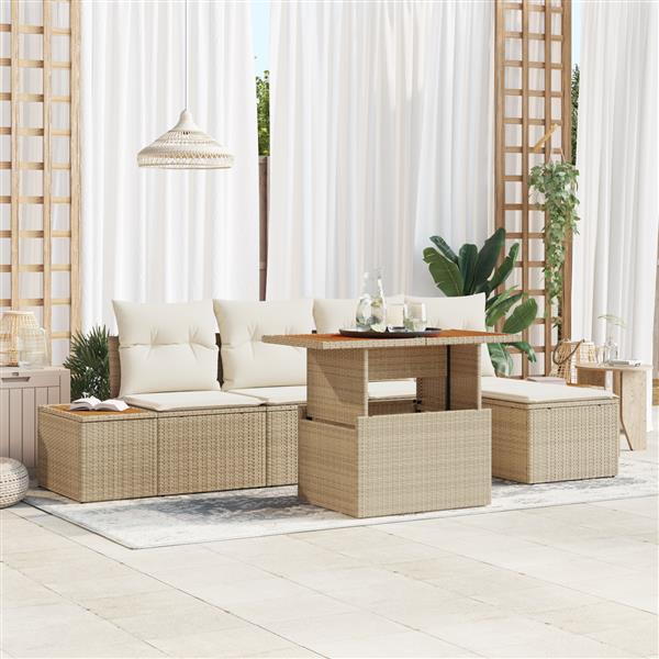 Grote foto vidaxl 6 delige tuinset met kussens poly rattan acaciahout beige tuin en terras tuinmeubelen