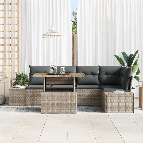 Grote foto vidaxl 6 delige tuinset met kussens grijs poly riet en acaciahout tuin en terras tuinmeubelen