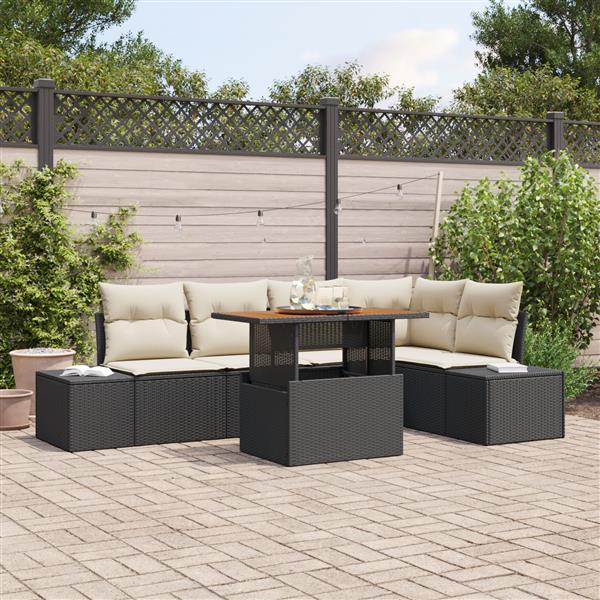 Grote foto vidaxl 6 delige tuin dinerset met kussens zwart poly rattan acacia tuin en terras tuinmeubelen