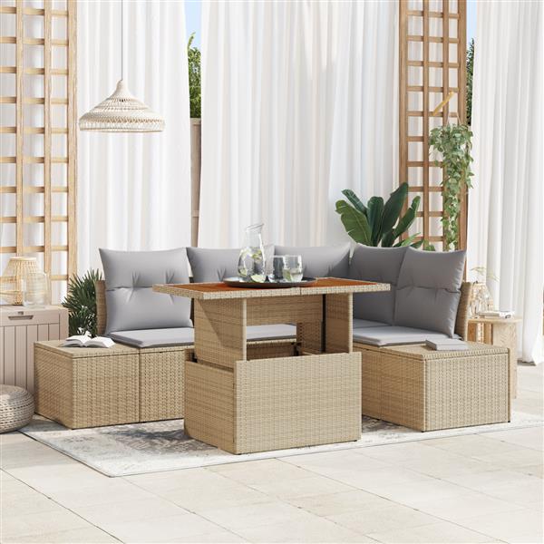 Grote foto vidaxl 5 delige tuinset met kussens poly rattan acaciahout beige tuin en terras tuinmeubelen