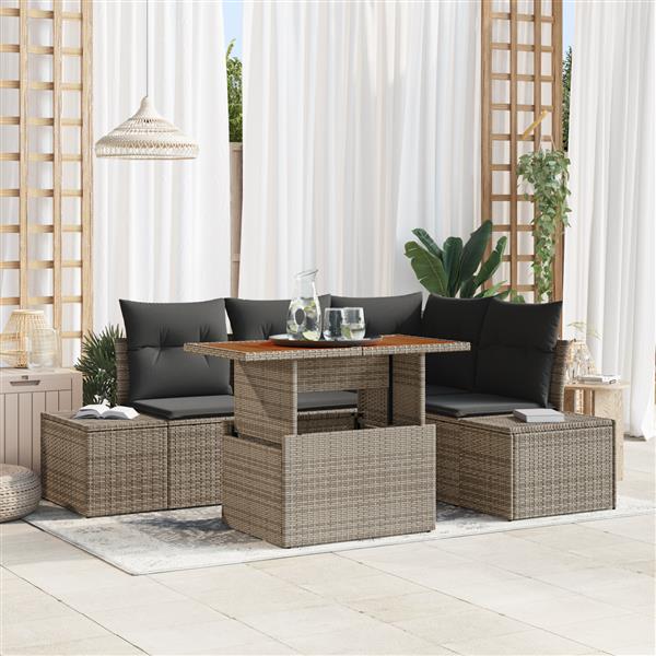 Grote foto vidaxl 5 delige tuinset met kussens poly rattan acaciahout grijs tuin en terras tuinmeubelen