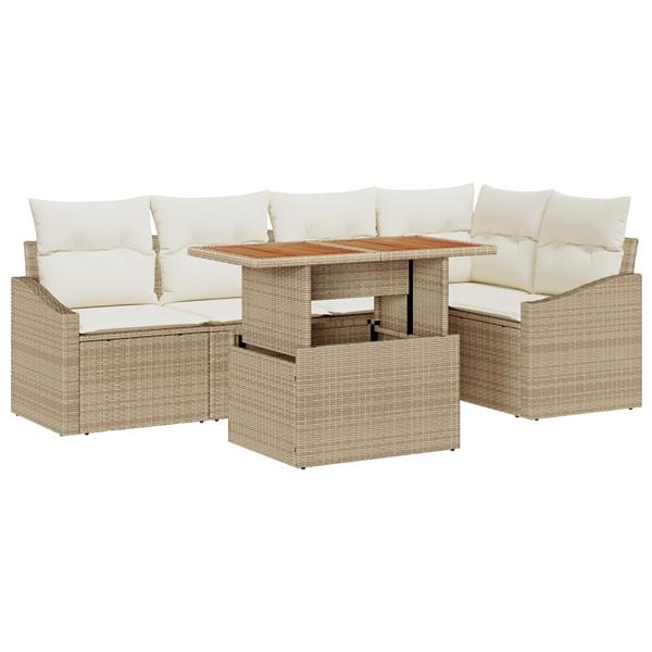 Grote foto vidaxl 6 delige eetset voor buiten met kussens in beige poly rattan en acacia tuin en terras tuinmeubelen