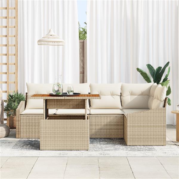 Grote foto vidaxl 6 delige eetset voor buiten met kussens in beige poly rattan en acacia tuin en terras tuinmeubelen