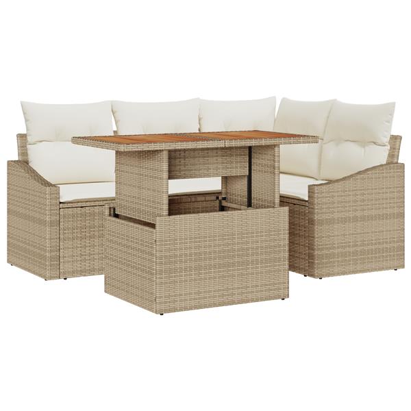 Grote foto vidaxl 5 delige tuin eetset met kussens in beige van poly rattan en acacia tuin en terras tuinmeubelen