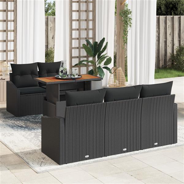 Grote foto vidaxl 6 delige tuinset met kussens poly rattan acaciahout zwart tuin en terras tuinmeubelen