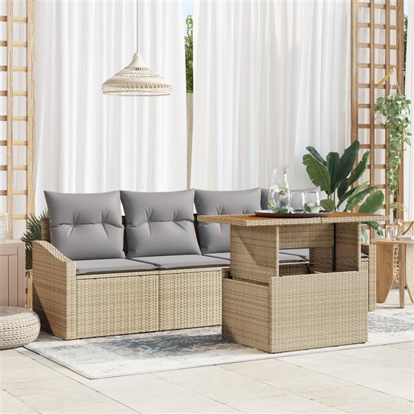 Grote foto vidaxl 5 delige tuinset met kussens in beige poly rattan en acacia tuin en terras tuinmeubelen
