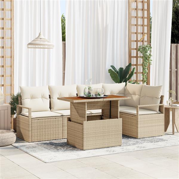 Grote foto vidaxl 6 delige tuinsofa set met kussens in beige van poly rattan en acacia tuin en terras tuinmeubelen