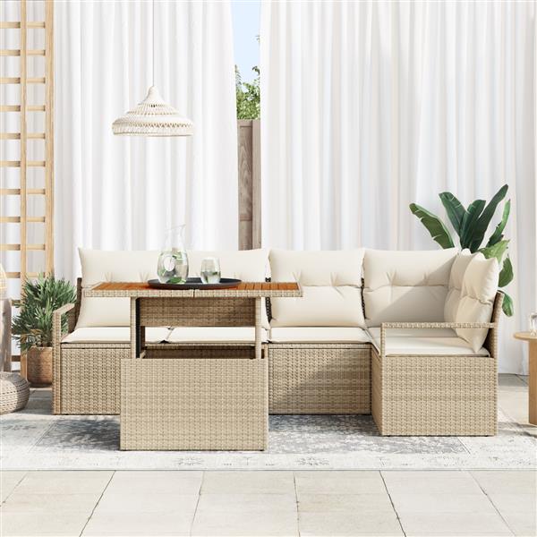 Grote foto vidaxl 6 delige tuinsofa set met kussens in beige van poly rattan en acacia tuin en terras tuinmeubelen