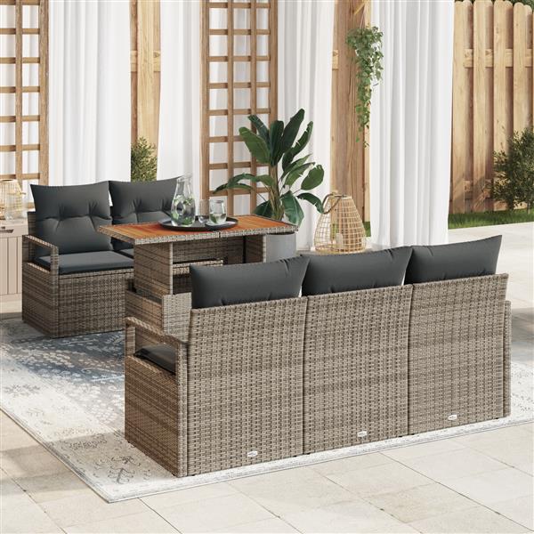 Grote foto vidaxl 6 delige tuinbankenset met kussens poly rattan acacia grijs tuin en terras tuinmeubelen