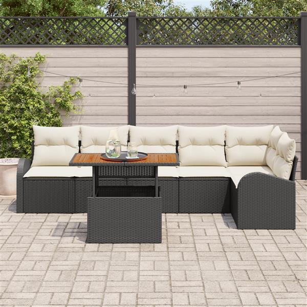 Grote foto vidaxl 7 delige tuinset met kussens zwart poly rattan en acaciahout tuin en terras tuinmeubelen