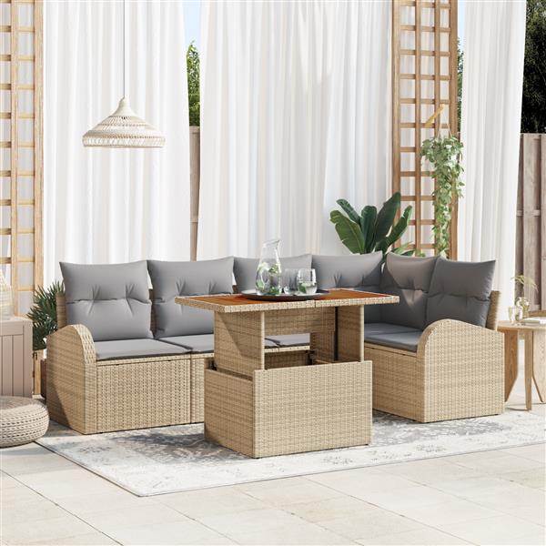 Grote foto vidaxl 6 delige tuinset met kussens beige poly rattan en acaciahout tuin en terras tuinmeubelen