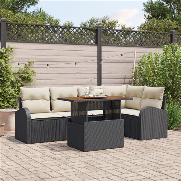 Grote foto vidaxl 6 delige tuin eetset met kussens zwart poly rattan en acaciahout tuin en terras tuinmeubelen