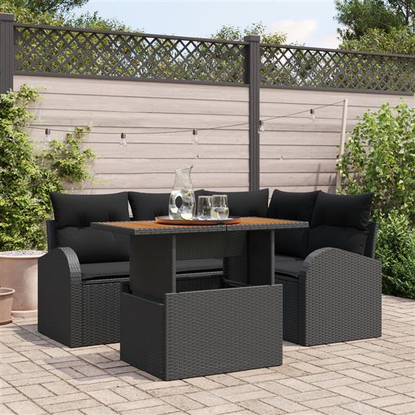 Grote foto vidaxl 5 delige tuintafelset met kussens zwart poly rattan acacia tuin en terras tuinmeubelen