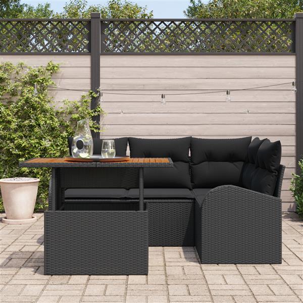 Grote foto vidaxl 5 delige tuintafelset met kussens zwart poly rattan acacia tuin en terras tuinmeubelen