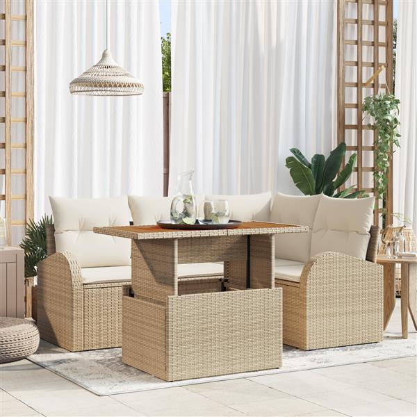 Grote foto vidaxl 5 persoontjes tuin eetset met kussens beige poly rattan acacia tuin en terras tuinmeubelen