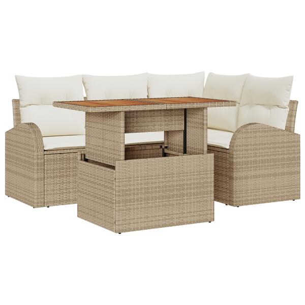 Grote foto vidaxl 5 persoontjes tuin eetset met kussens beige poly rattan acacia tuin en terras tuinmeubelen