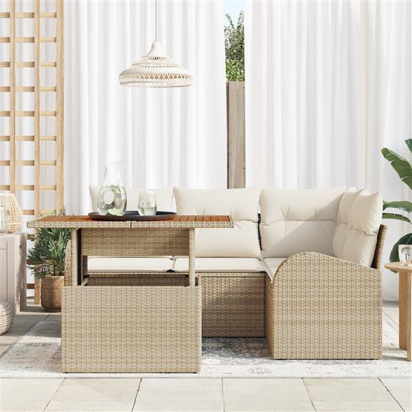 Grote foto vidaxl 5 persoontjes tuin eetset met kussens beige poly rattan acacia tuin en terras tuinmeubelen
