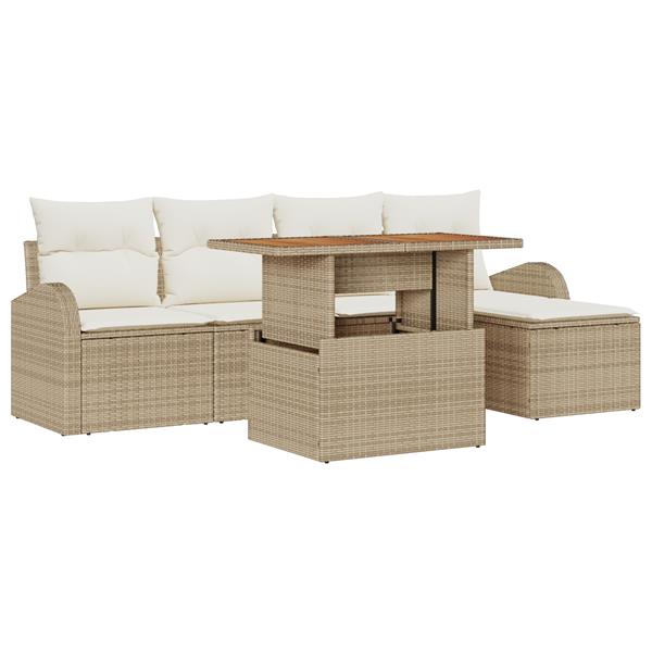 Grote foto vidaxl 6 delige tuin eetset met kussens in beige poly rattan en acacia tuin en terras tuinmeubelen