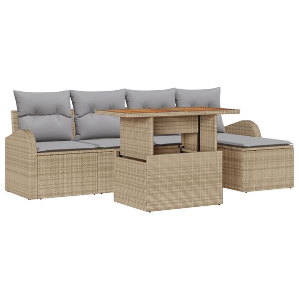 Grote foto vidaxl 6 delige tuin eettafelset met kussens in beige poly rattan en acacia tuin en terras tuinmeubelen