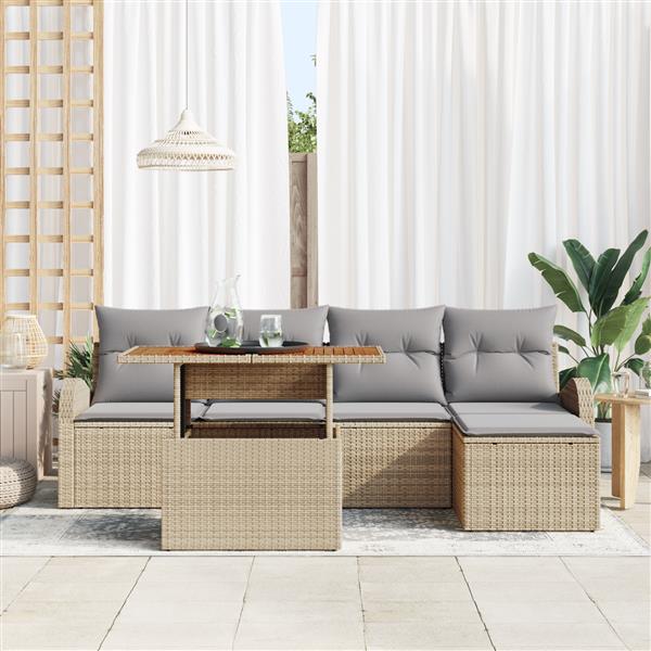 Grote foto vidaxl 6 delige tuin eettafelset met kussens in beige poly rattan en acacia tuin en terras tuinmeubelen