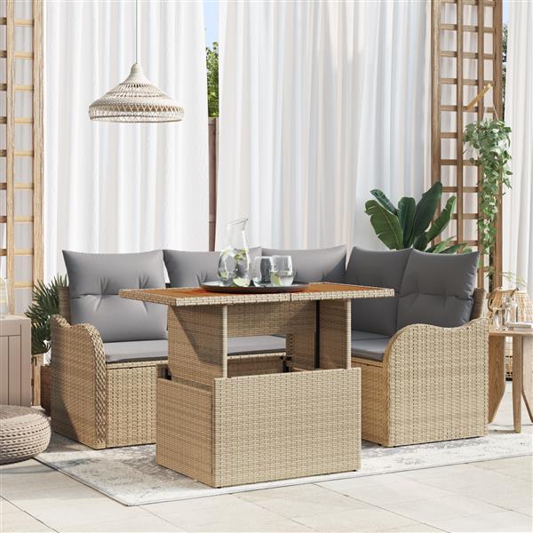 Grote foto vidaxl 5 delige tuinset met kussens in beige poly rattan en acacia tuin en terras tuinmeubelen