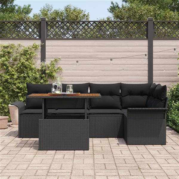Grote foto vidaxl 6 delige tuinset met kussens poly rattan acaciahout zwart tuin en terras tuinmeubelen