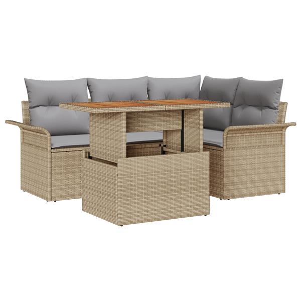 Grote foto vidaxl 5 delige tuinset met kussens in beige poly rattan en acacia tuin en terras tuinmeubelen