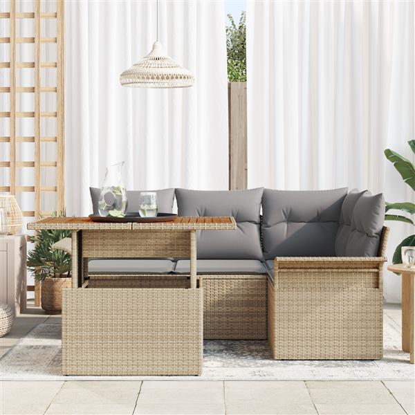Grote foto vidaxl 5 delige tuinset met kussens in beige poly rattan en acacia tuin en terras tuinmeubelen