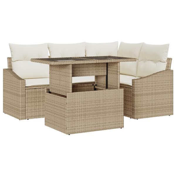 Grote foto vidaxl 5 delige tuinbankset met kussens in beige poly riet tuin en terras tuinmeubelen