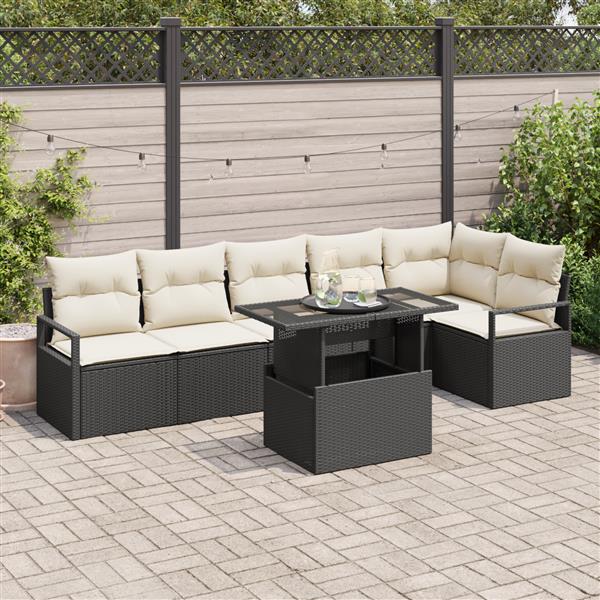 Grote foto vidaxl 7 delige tuinbankenset met kussens poly rattan zwart tuin en terras tuinmeubelen