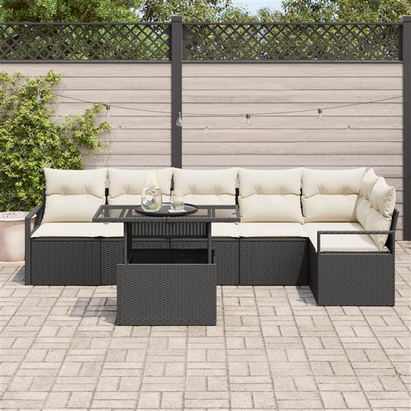 Grote foto vidaxl 7 delige tuinbankenset met kussens poly rattan zwart tuin en terras tuinmeubelen