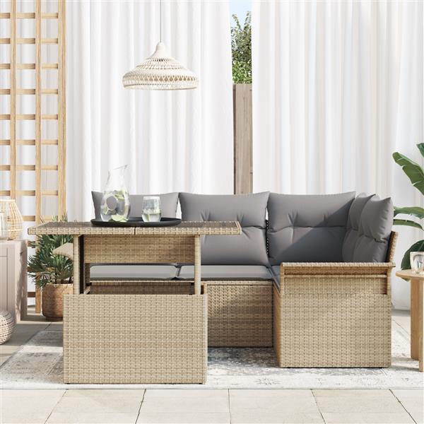 Grote foto vidaxl 5 delige tuinbank set met kussens in beige van poly riet tuin en terras tuinmeubelen
