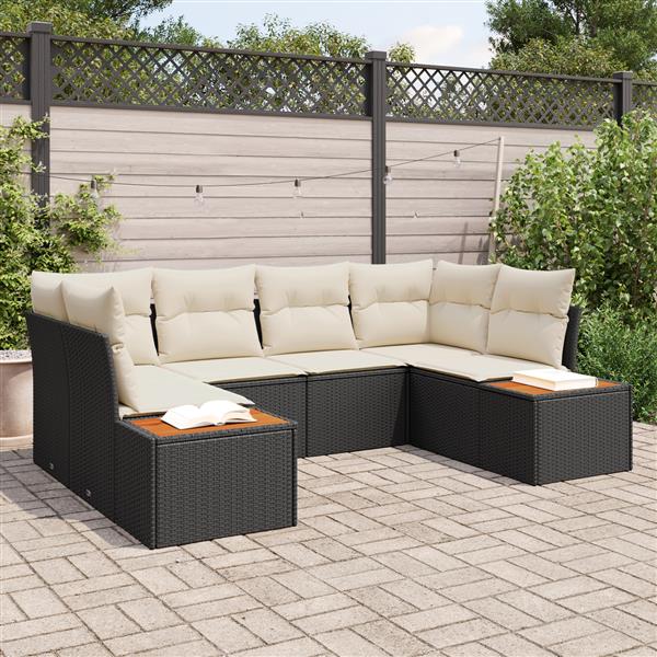 Grote foto vidaxl 6 delige tuinset met kussens in zwart poly rattan en acacia tuin en terras tuinmeubelen